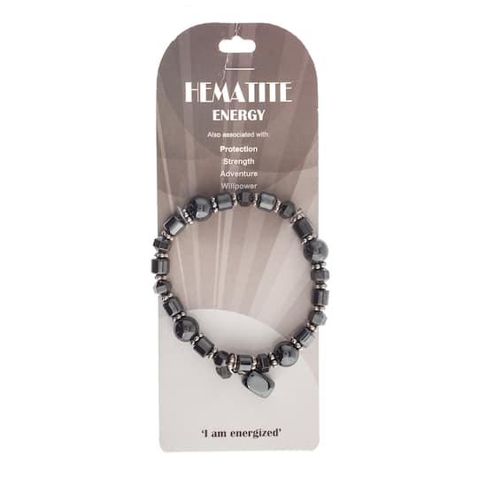 John Bead Hematite Gray Natural Stone Bracelet with Rectangle Charm